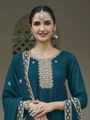 Beautiful Teal Blue Embroidered Georgette Function Wear Palazzo Suit