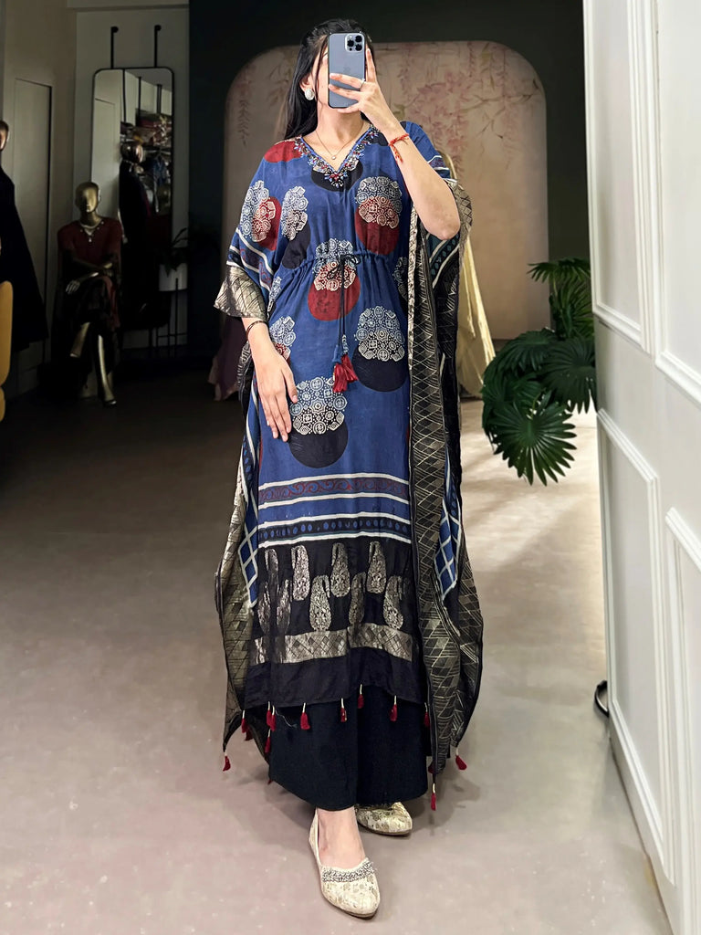 Amazing Blue Zari Weaving Jacquard Function Wear Kaftan