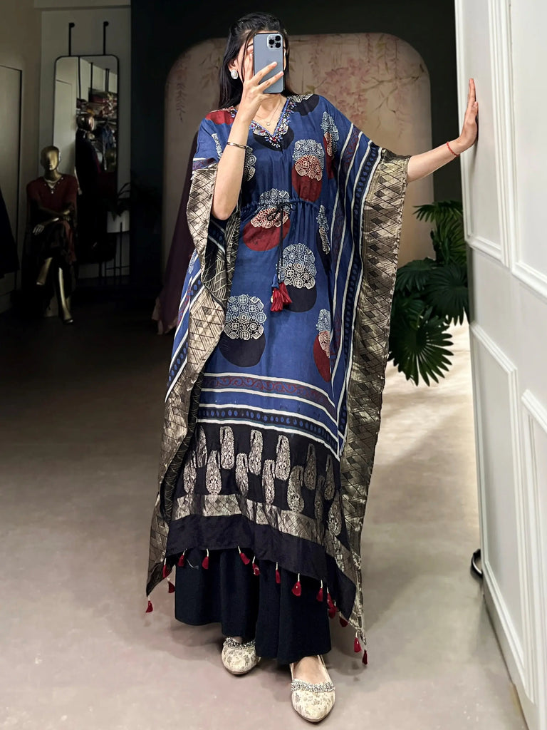 Amazing Blue Zari Weaving Jacquard Function Wear Kaftan