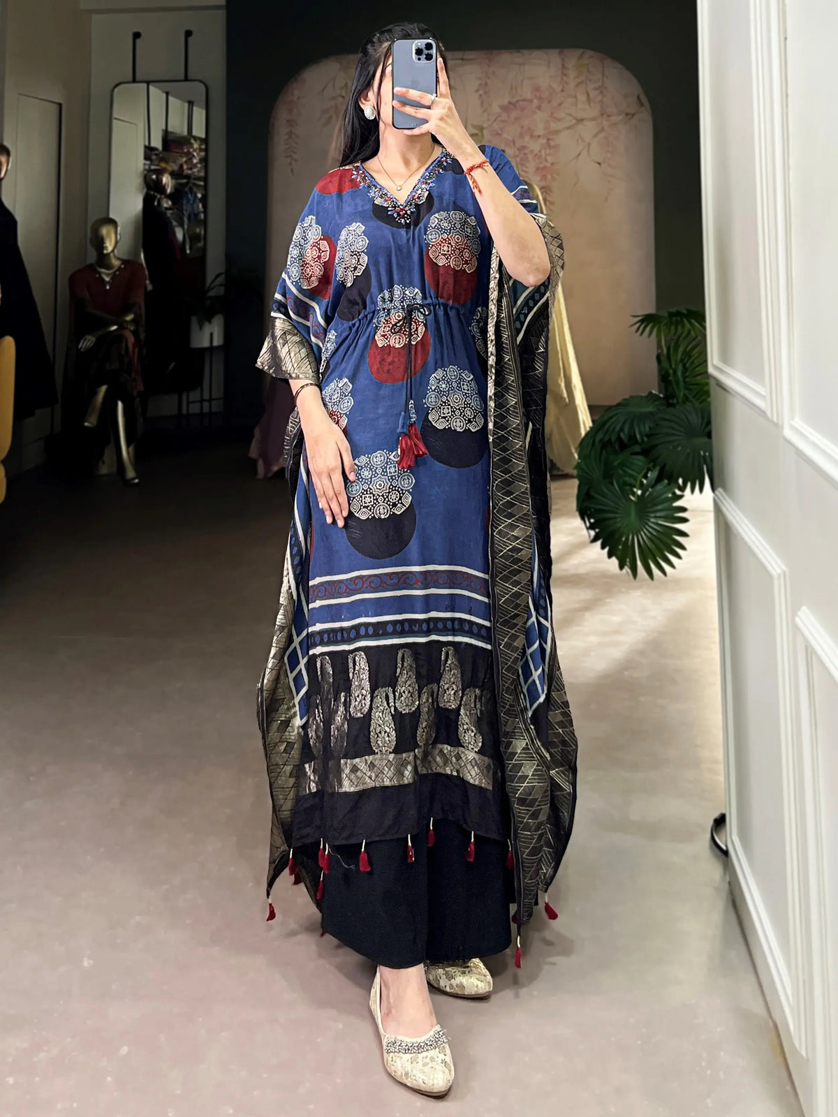 Amazing Blue Zari Weaving Jacquard Function Wear Kaftan