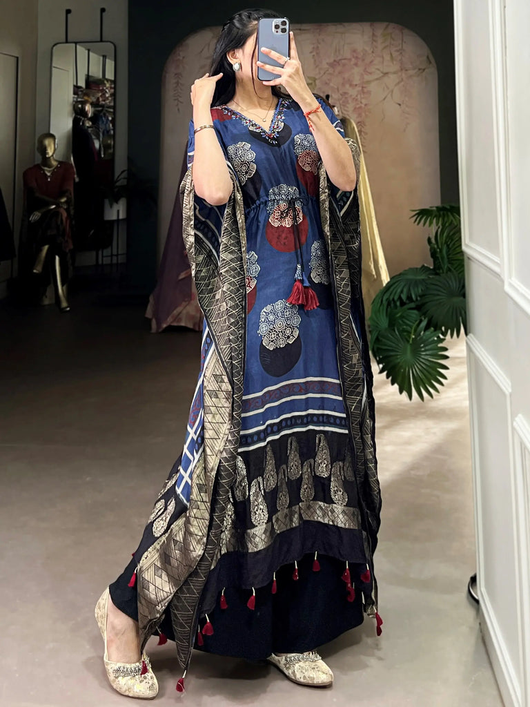 Amazing Blue Zari Weaving Jacquard Function Wear Kaftan