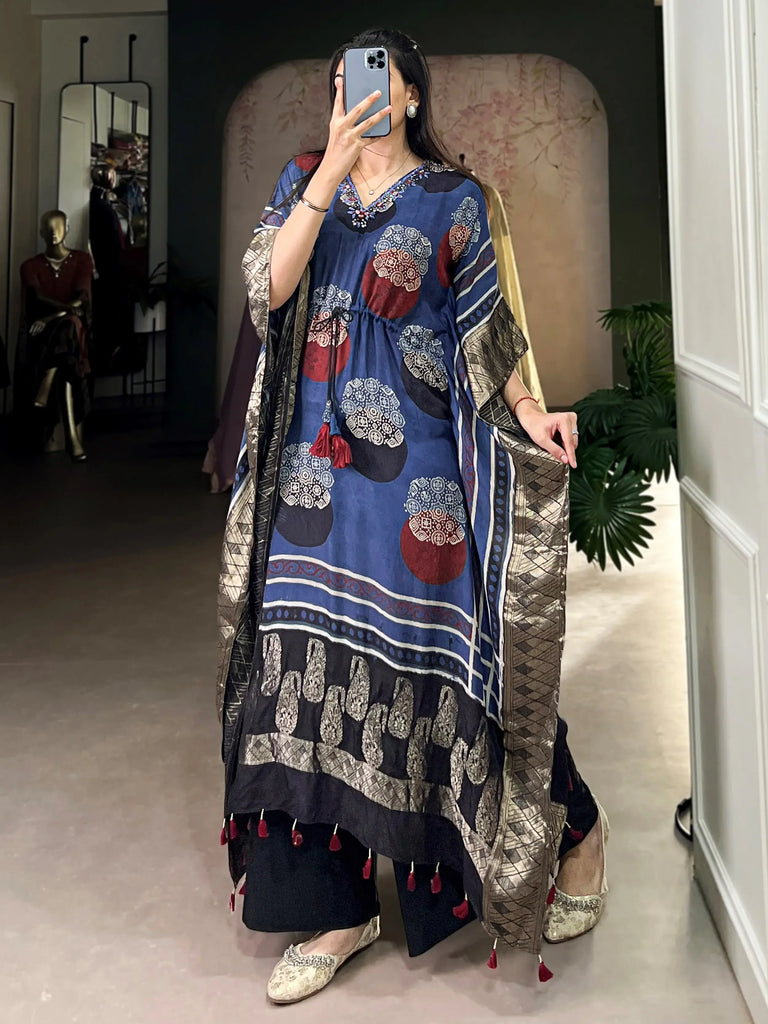 Amazing Blue Zari Weaving Jacquard Function Wear Kaftan