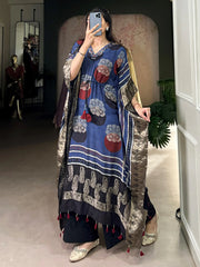 Amazing Blue Zari Weaving Jacquard Function Wear Kaftan