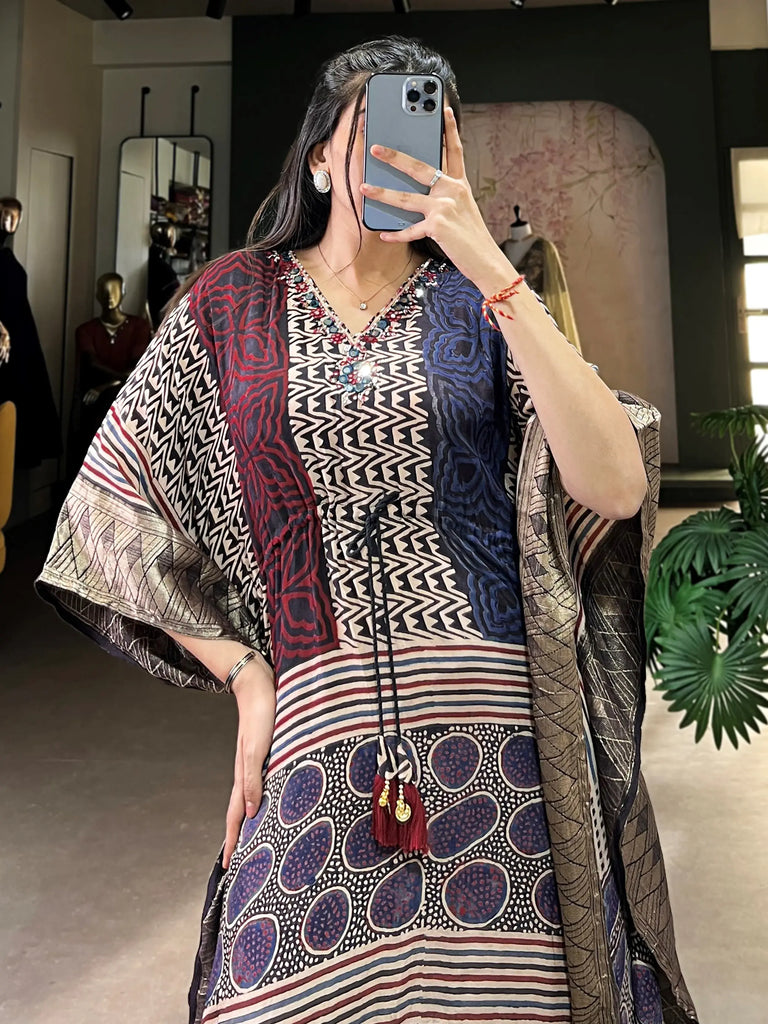 Alluring Multi-Color Zari Weaving Jacquard Festival Wear Kaftan