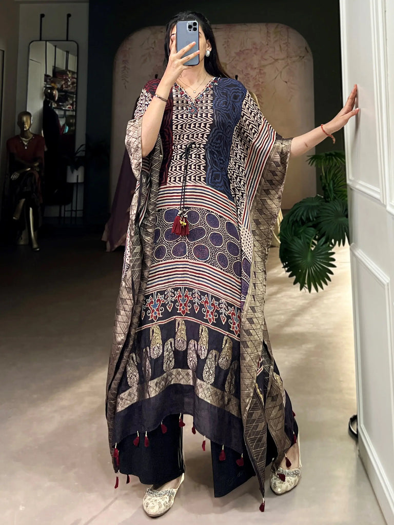 Alluring Multi-Color Zari Weaving Jacquard Festival Wear Kaftan