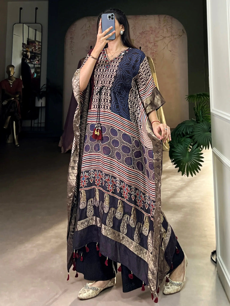Alluring Multi-Color Zari Weaving Jacquard Festival Wear Kaftan