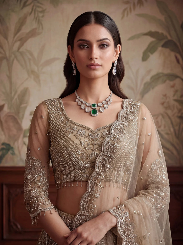 Gorgeous Beige Sequins Net Engagement Wear Lehenga Choli With Dupatta
