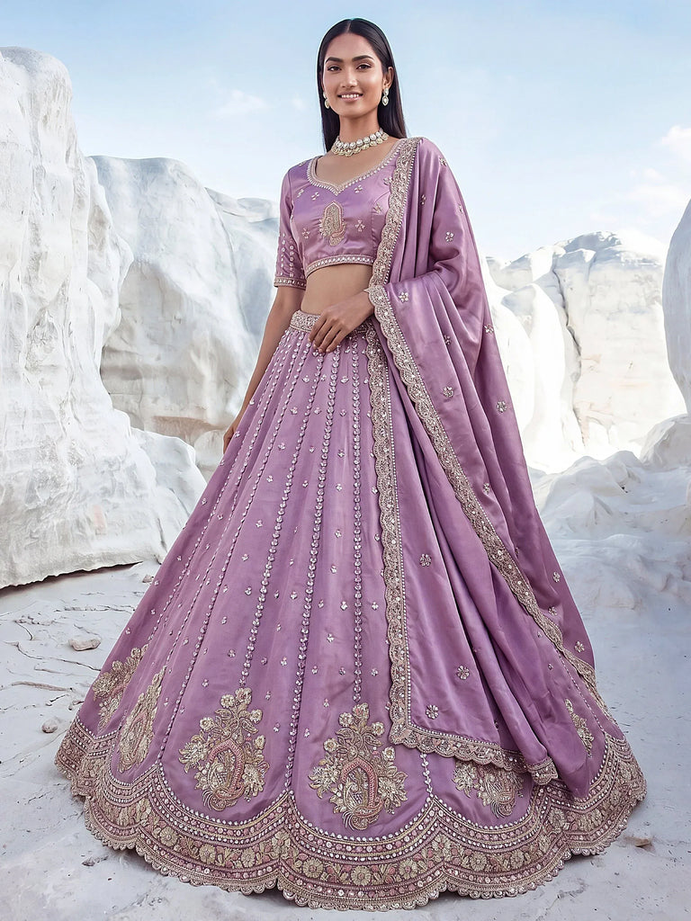 Fantastic Lavender Sequins Silk Reception Wear Lehenga Choli