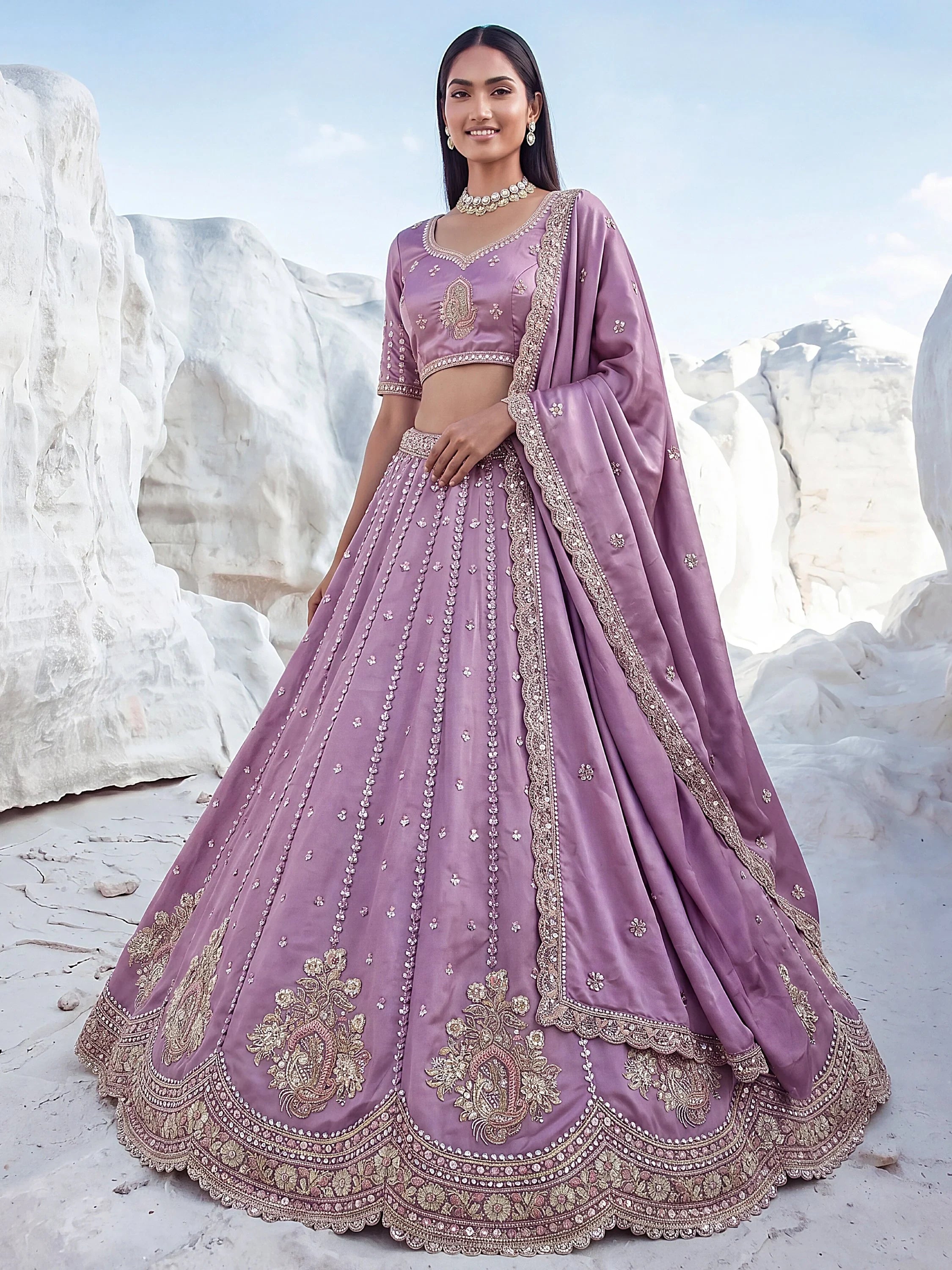 Fantastic Lavender Sequins Silk Reception Wear Lehenga Choli