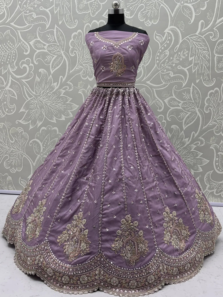 Fantastic Lavender Sequins Silk Reception Wear Lehenga Choli
