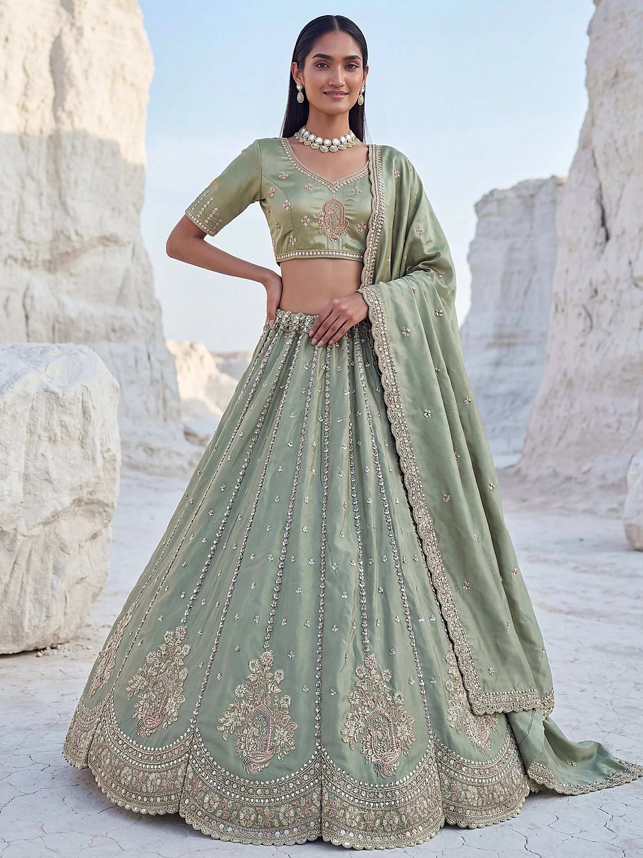 Awesome Green Embroidered Silk Wedding Wear Lehenga With Blouse