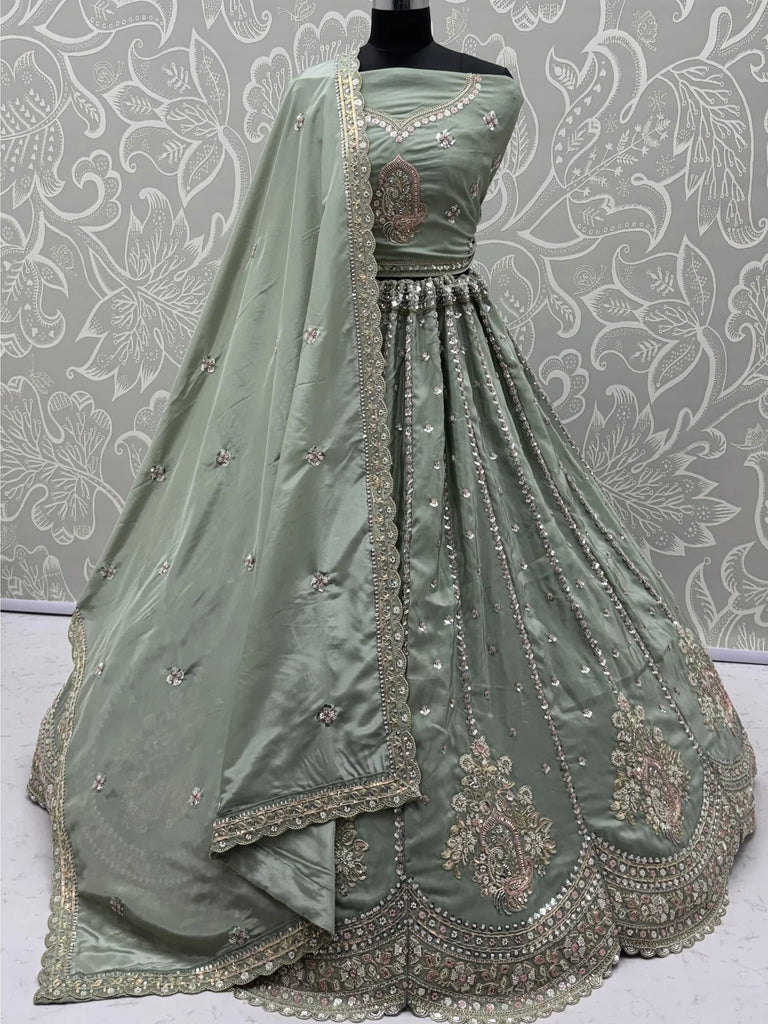 Awesome Green Embroidered Silk Wedding Wear Lehenga With Blouse