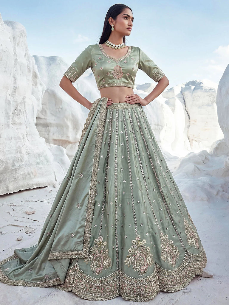 Awesome Green Embroidered Silk Wedding Wear Lehenga With Blouse