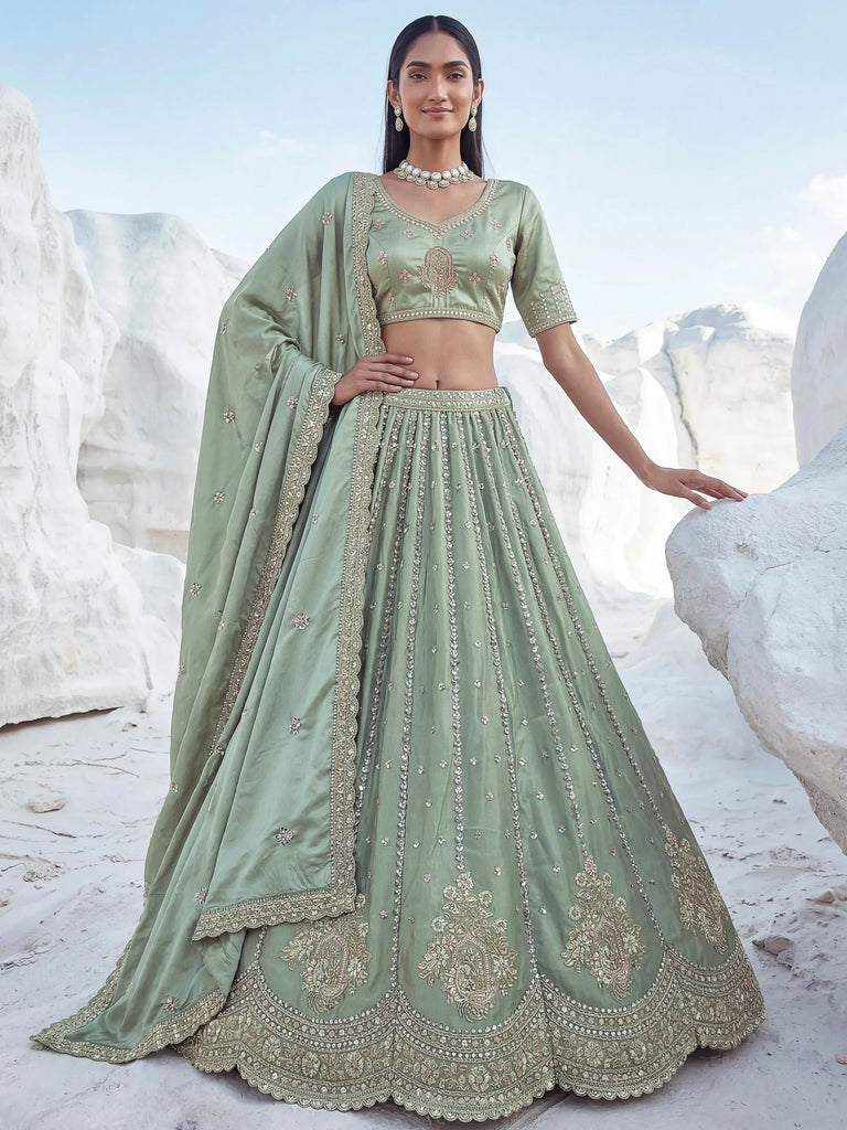 Awesome Green Embroidered Silk Wedding Wear Lehenga With Blouse
