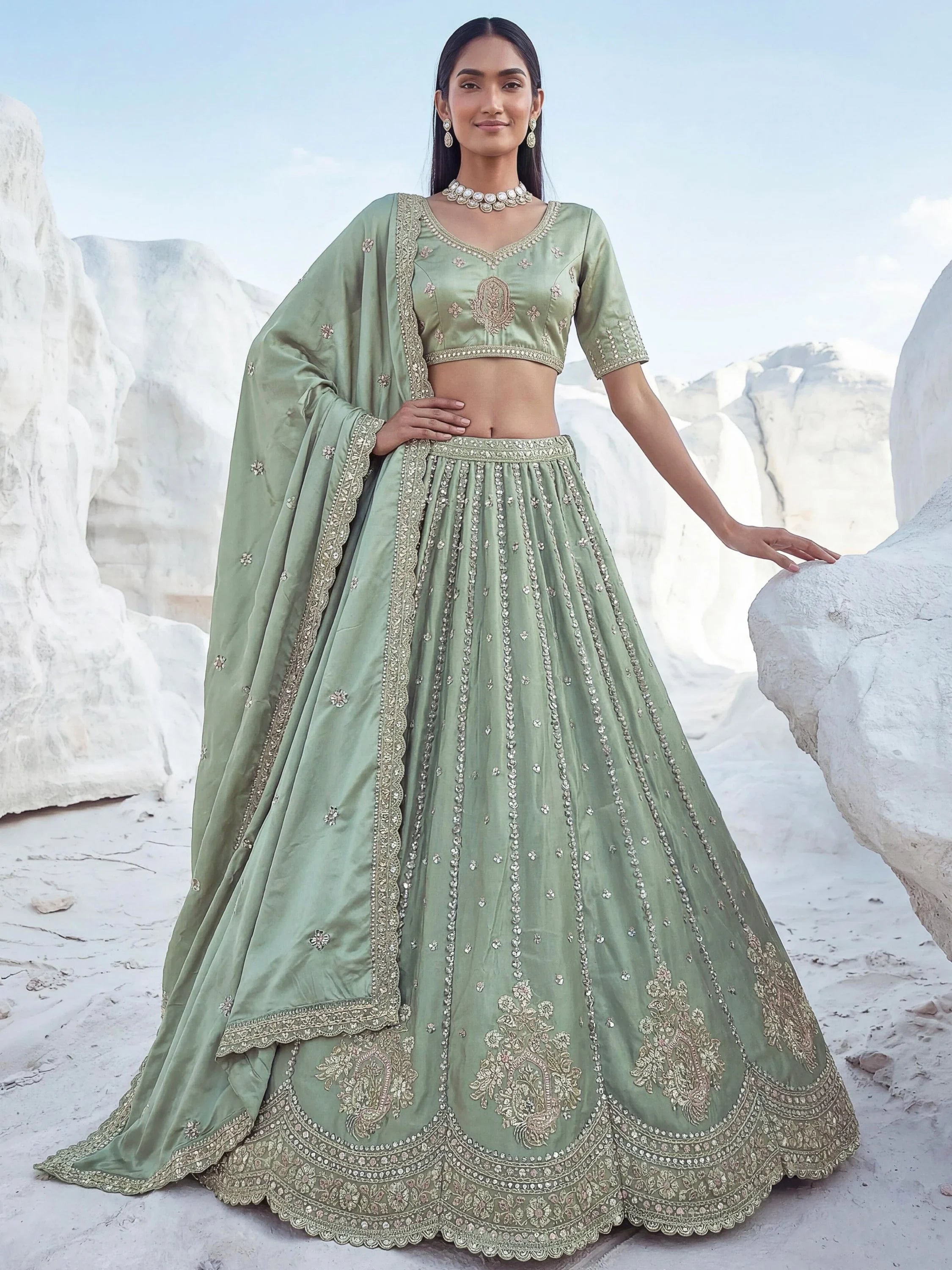 Awesome Green Embroidered Silk Wedding Wear Lehenga With Blouse