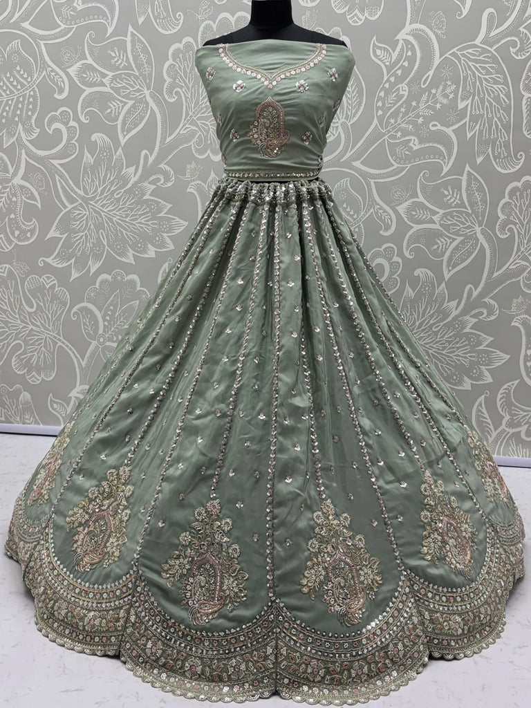 Awesome Green Embroidered Silk Wedding Wear Lehenga With Blouse