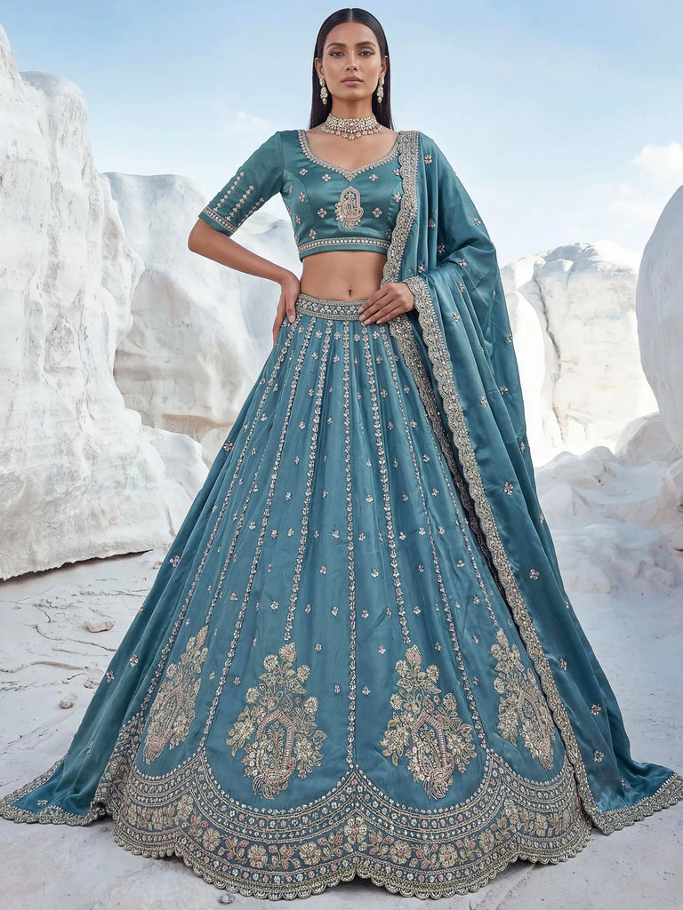 Awesome Teal Blue Bead Work Silk Engagement Wear Lehenga Choli