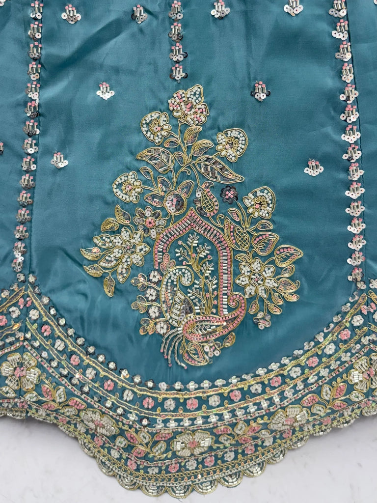 Awesome Teal Blue Bead Work Silk Engagement Wear Lehenga Choli