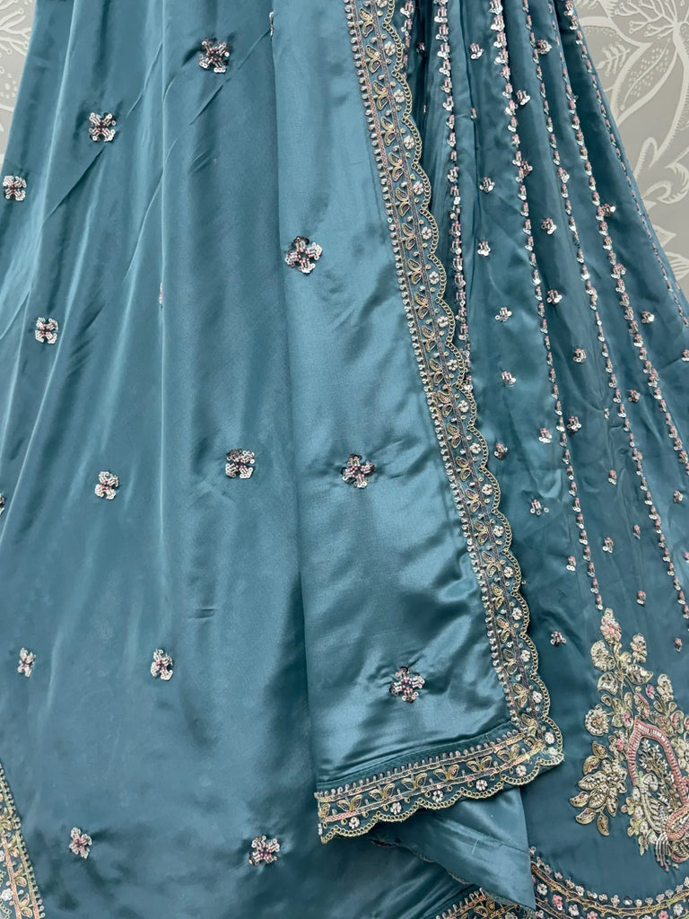 Awesome Teal Blue Bead Work Silk Engagement Wear Lehenga Choli
