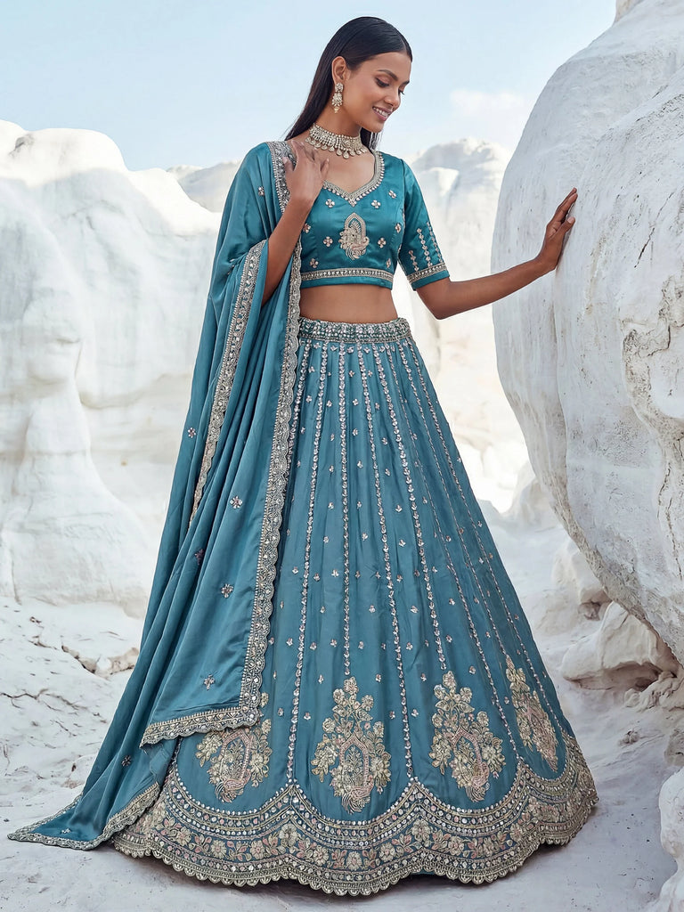 Awesome Teal Blue Bead Work Silk Engagement Wear Lehenga Choli