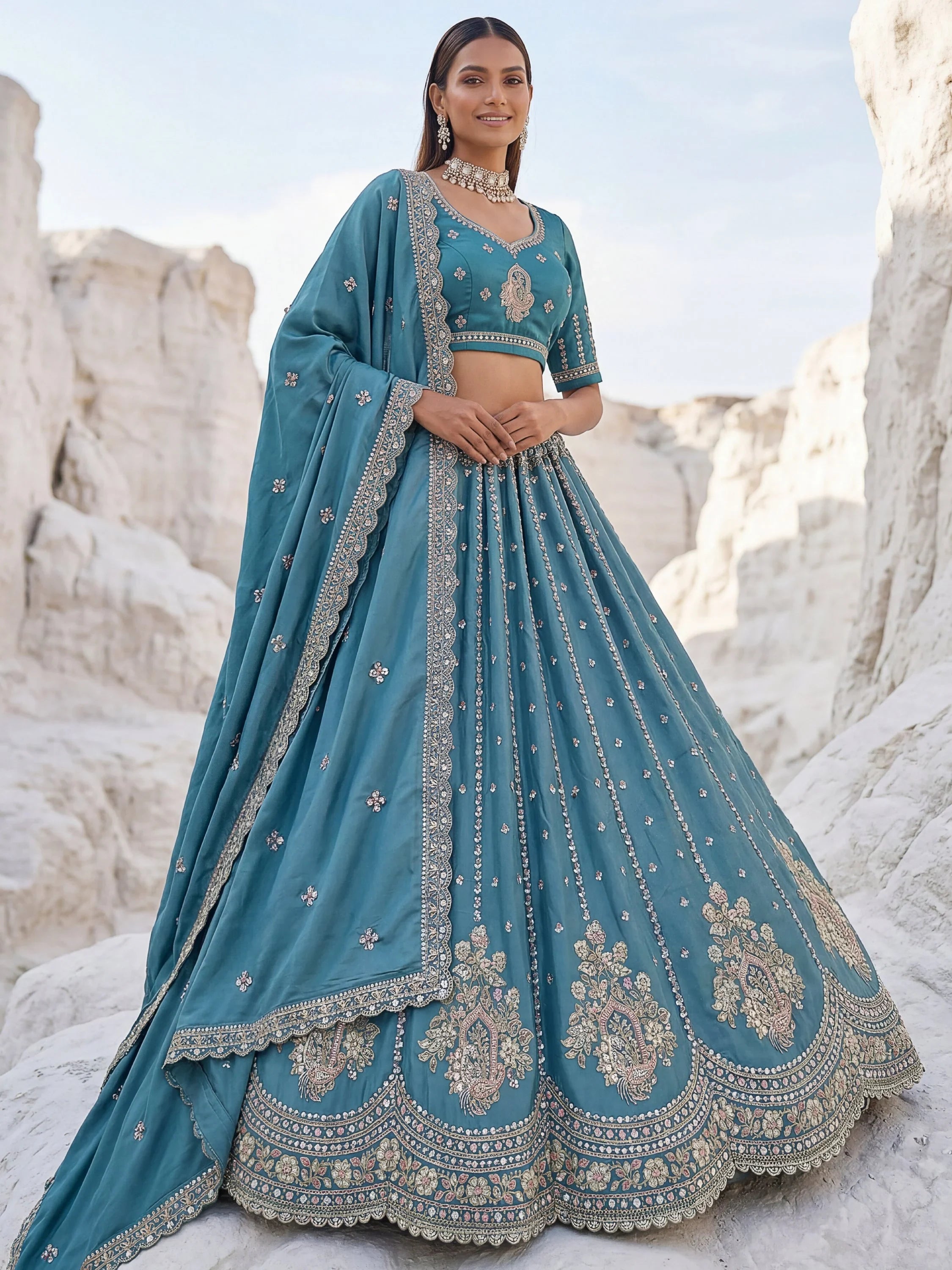 Awesome Teal Blue Bead Work Silk Engagement Wear Lehenga Choli