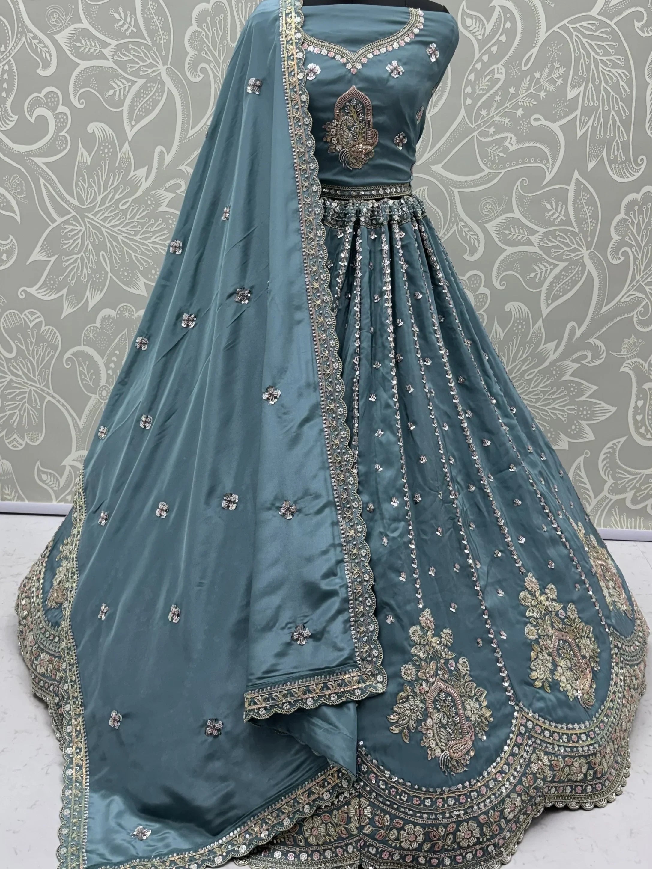 Awesome Teal Blue Bead Work Silk Engagement Wear Lehenga Choli