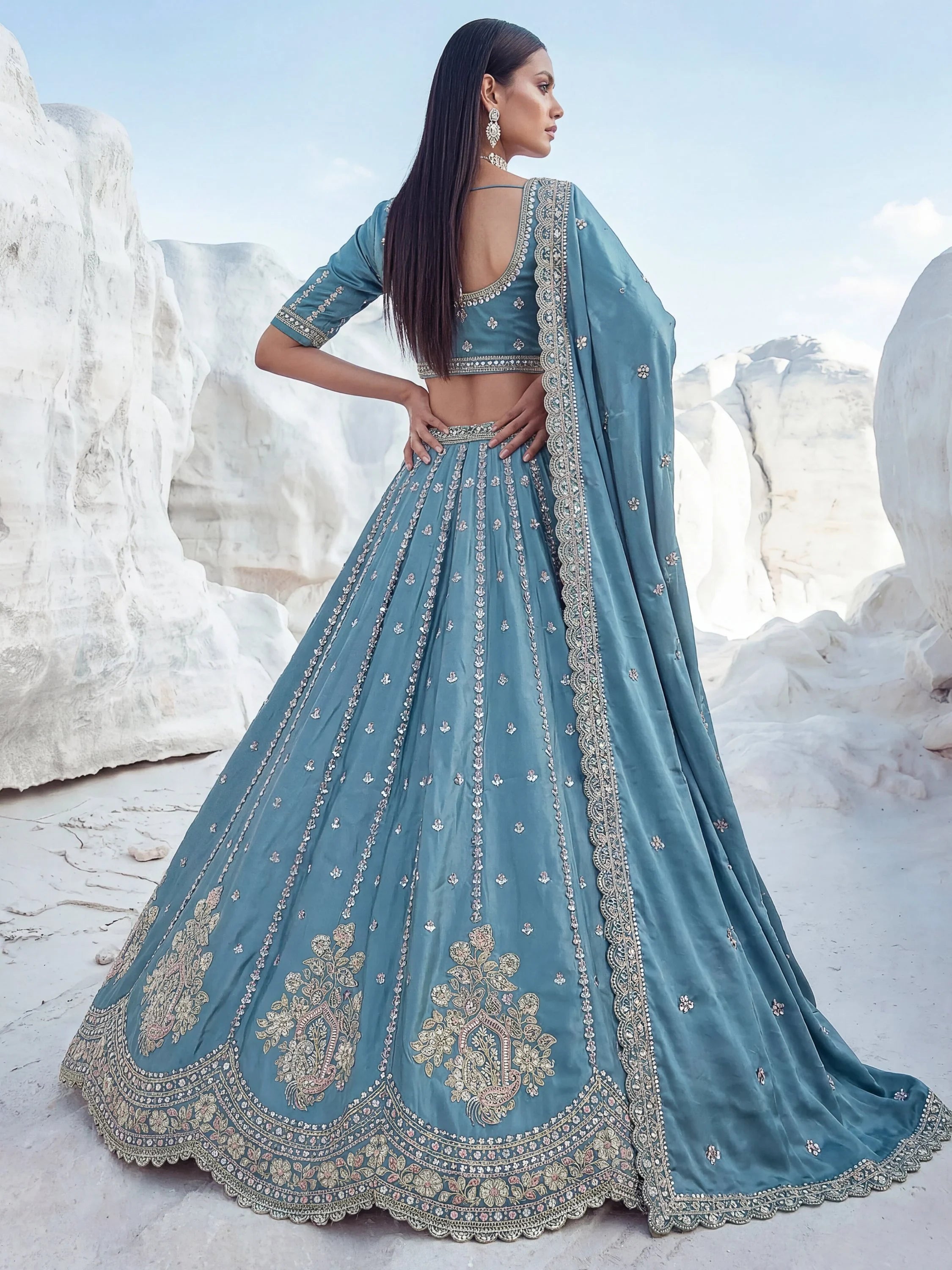 Awesome Teal Blue Bead Work Silk Engagement Wear Lehenga Choli