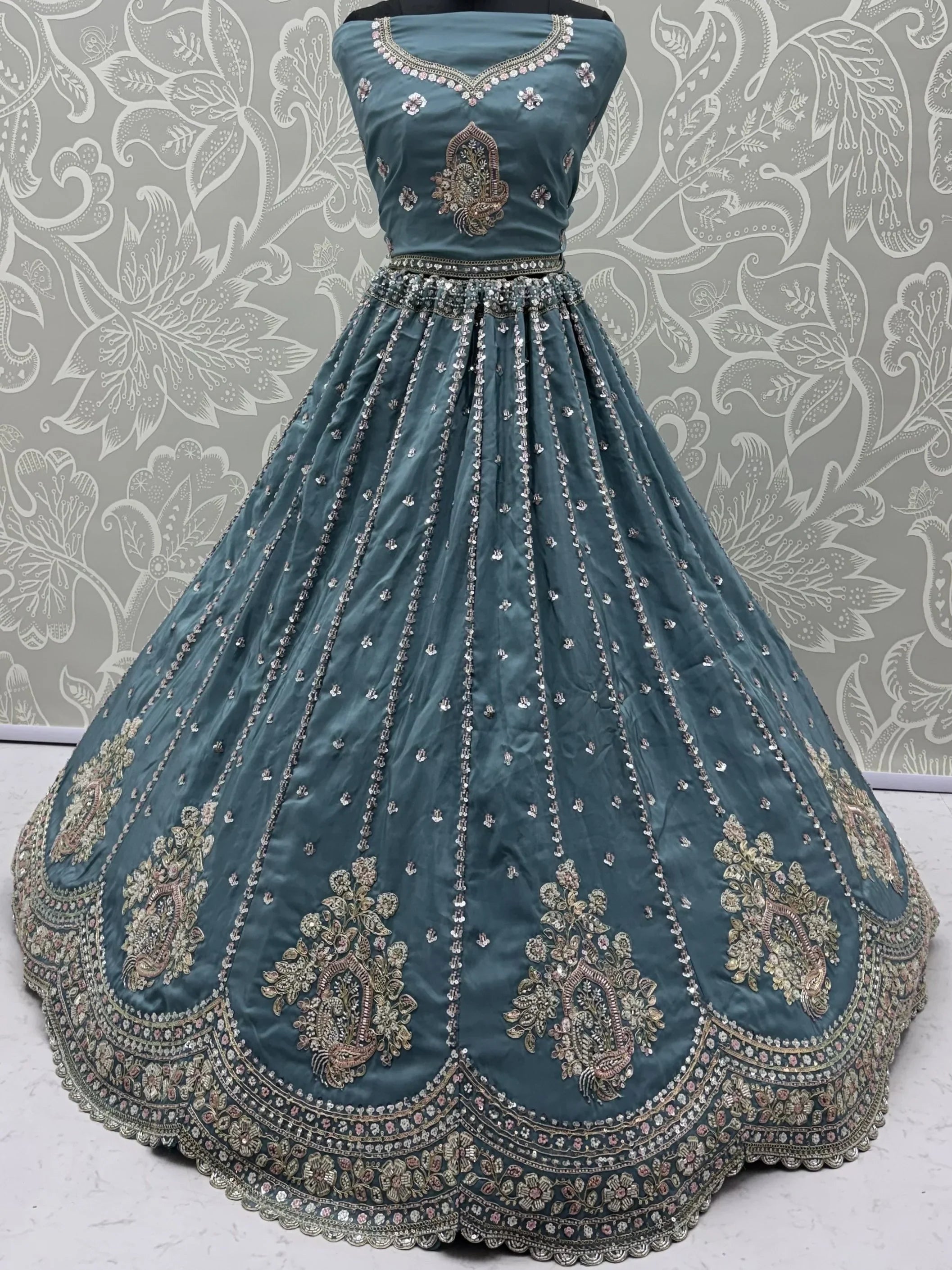 Awesome Teal Blue Bead Work Silk Engagement Wear Lehenga Choli