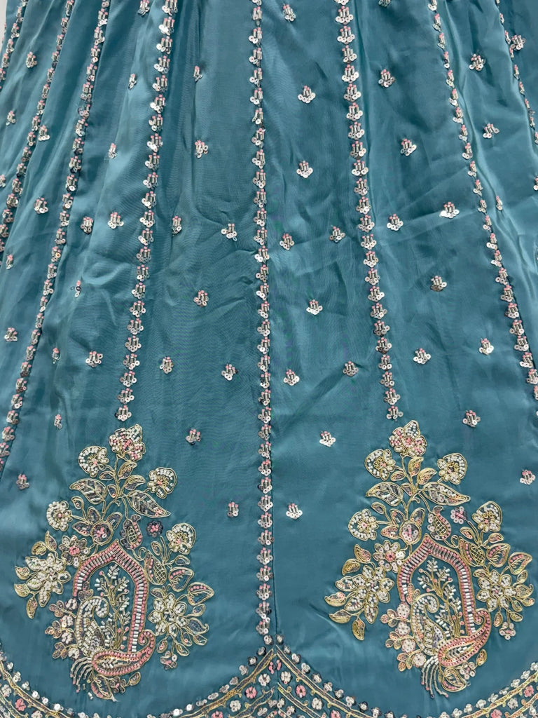 Awesome Teal Blue Bead Work Silk Engagement Wear Lehenga Choli
