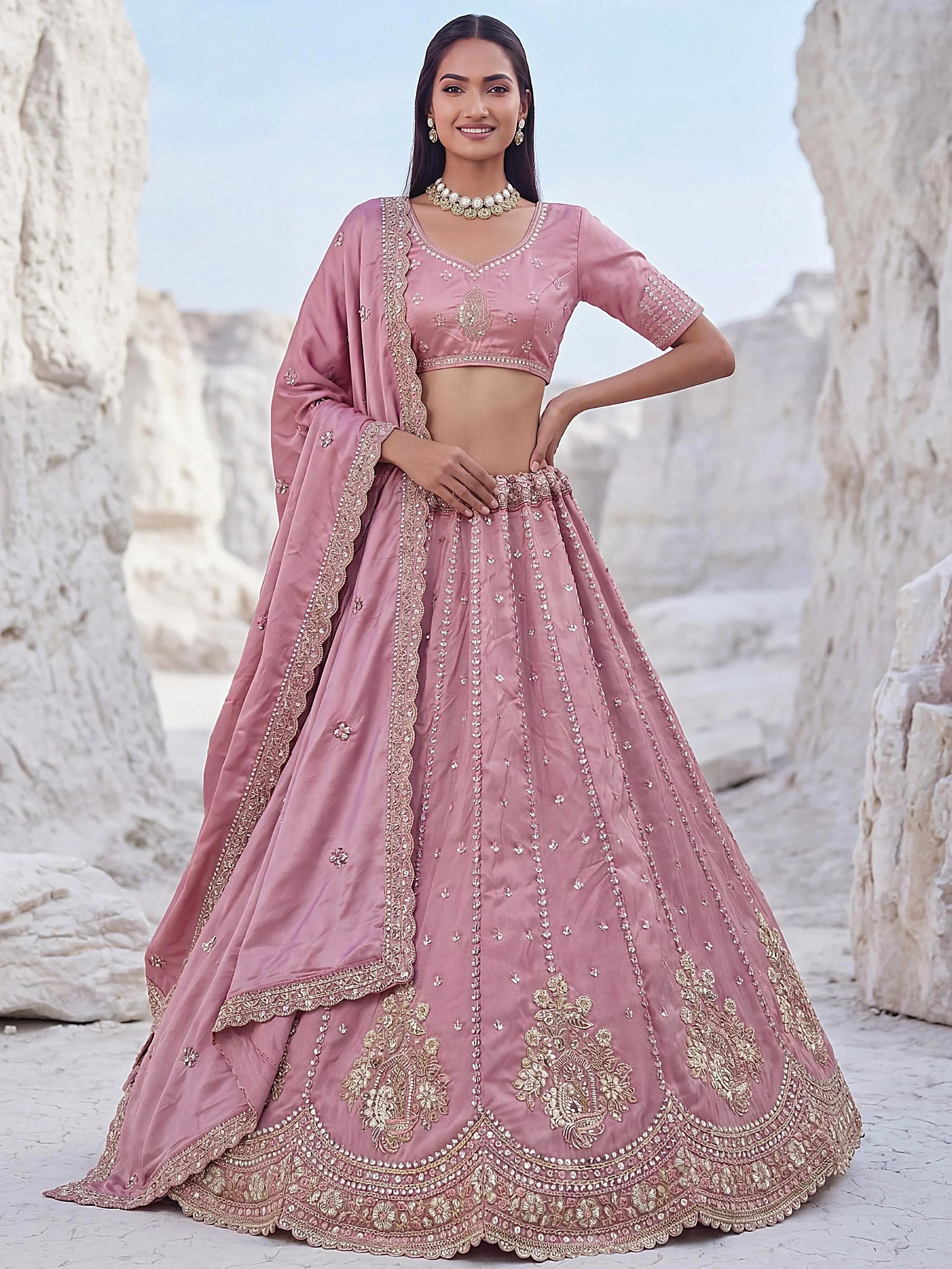Royal Pink Sequins Silk Sangeet Wear Lehenga Choli With Dupatta