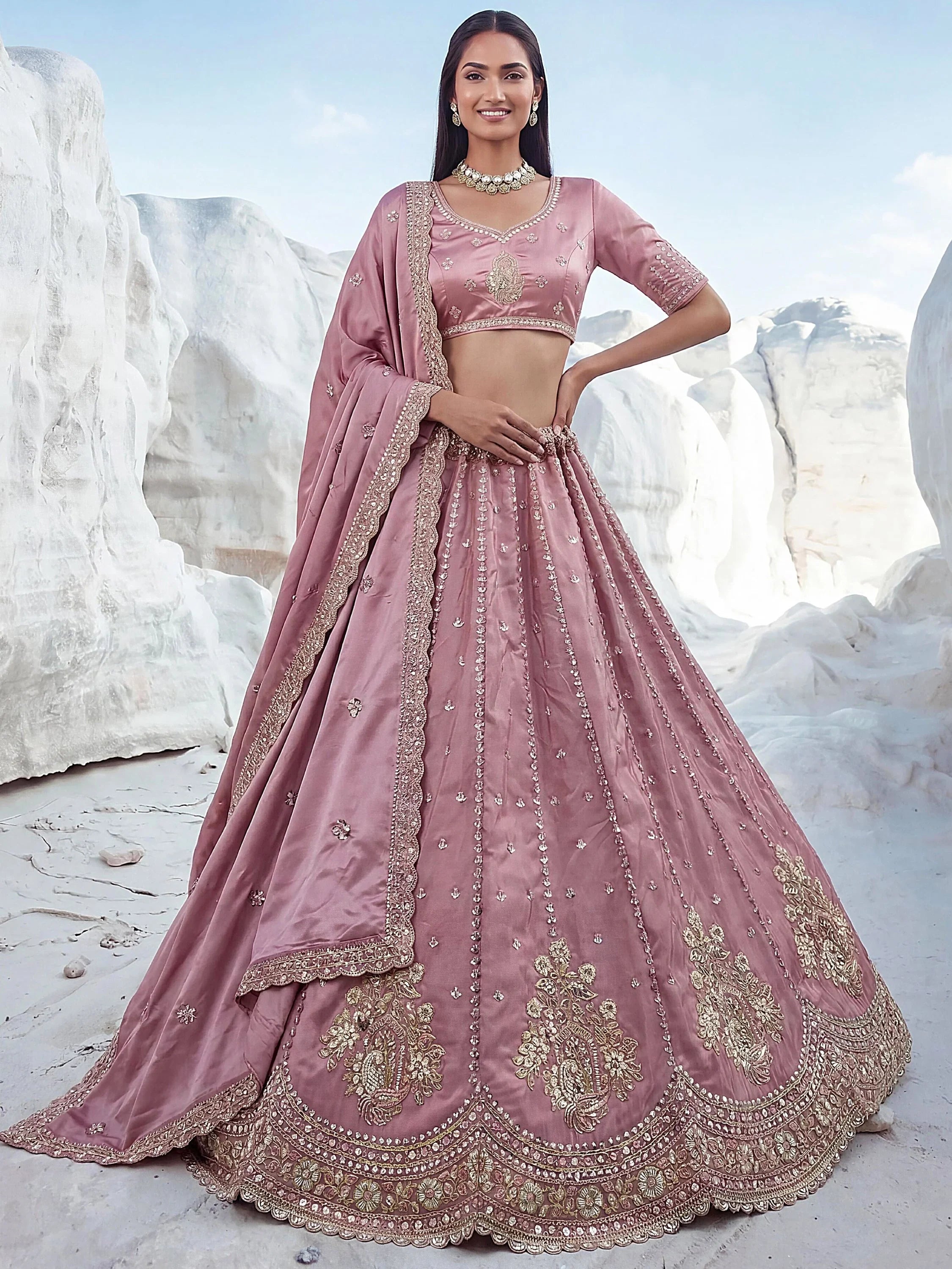 Royal Pink Sequins Silk Sangeet Wear Lehenga Choli With Dupatta