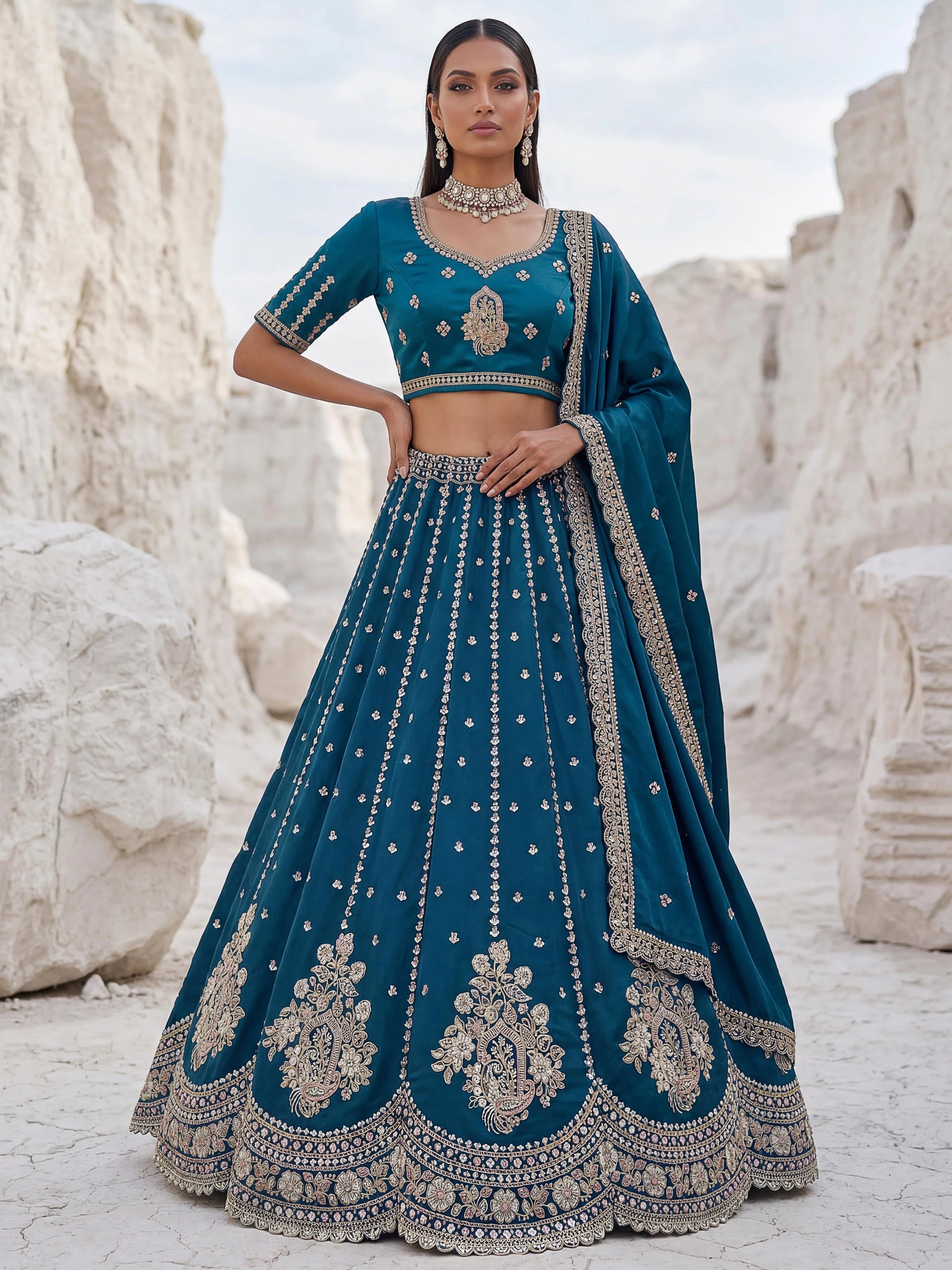 Dazzling Teal Blue Sequins Silk Wedding Wear Lehenga Choli