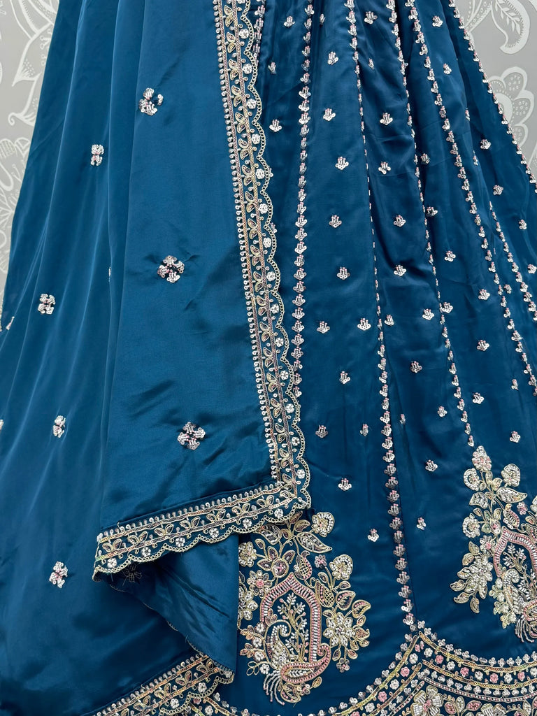 Dazzling Teal Blue Sequins Silk Wedding Wear Lehenga Choli