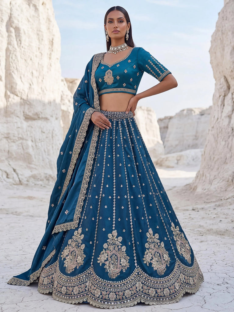Dazzling Teal Blue Sequins Silk Wedding Wear Lehenga Choli