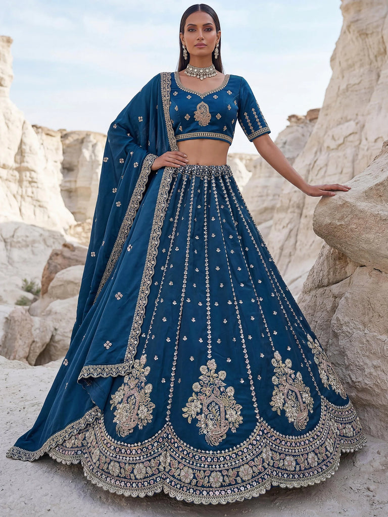Dazzling Teal Blue Sequins Silk Wedding Wear Lehenga Choli