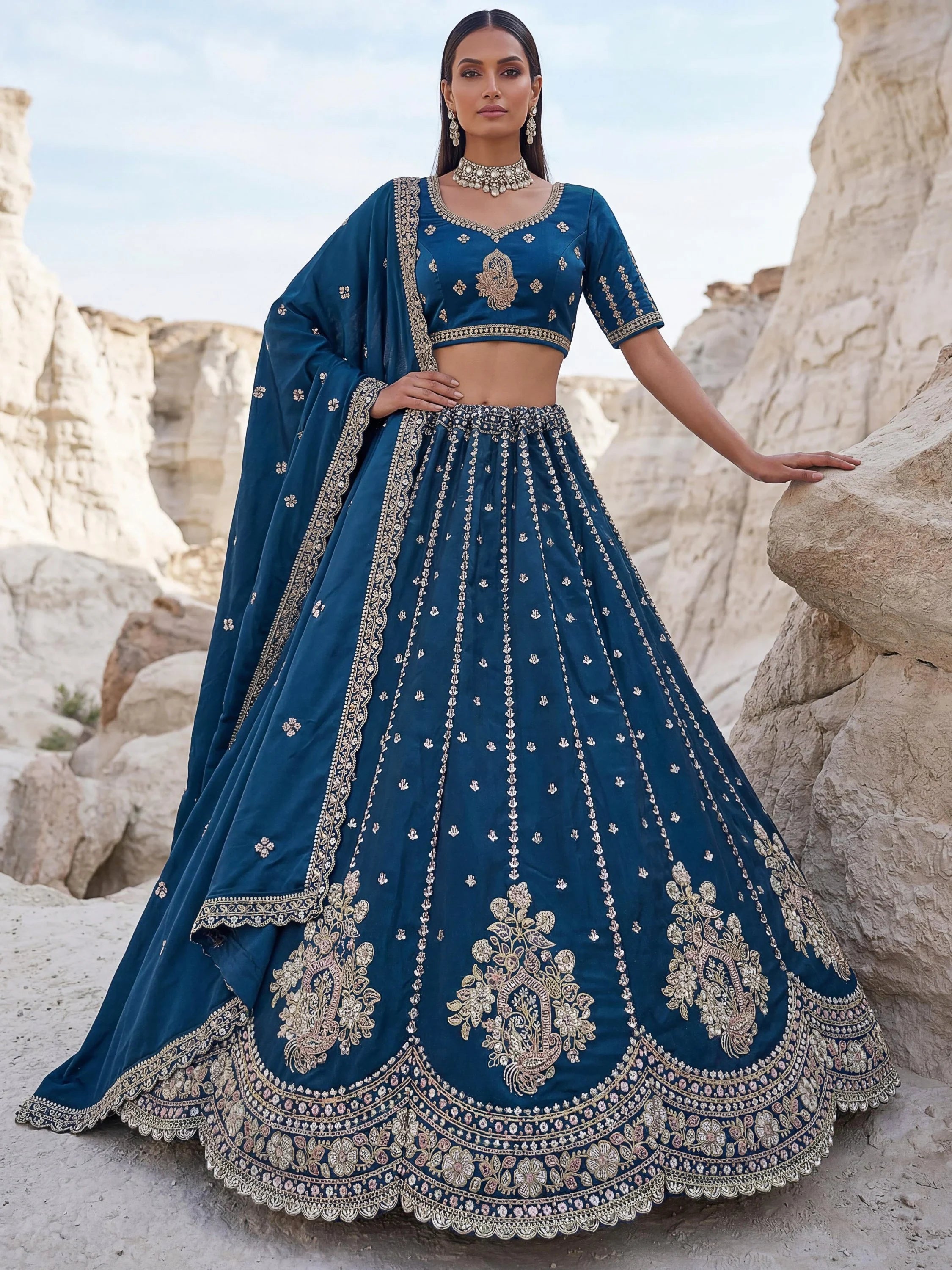 Dazzling Teal Blue Sequins Silk Wedding Wear Lehenga Choli