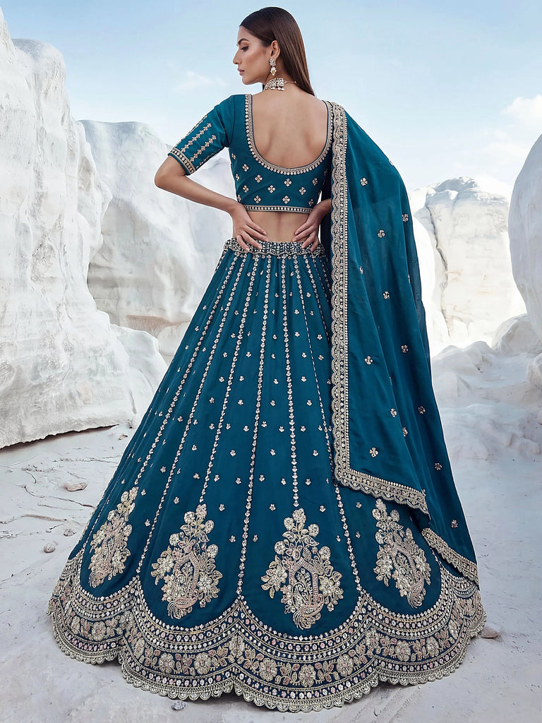 Dazzling Teal Blue Sequins Silk Wedding Wear Lehenga Choli