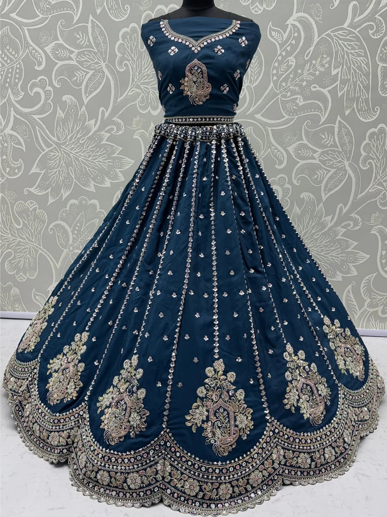 Dazzling Teal Blue Sequins Silk Wedding Wear Lehenga Choli