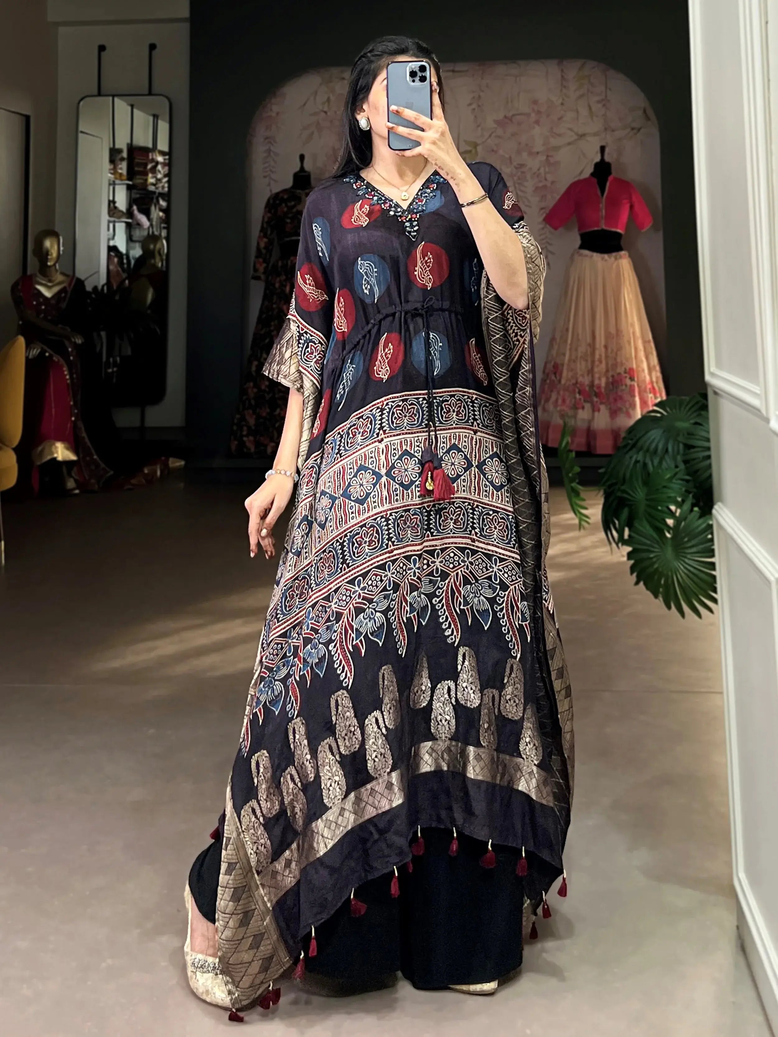 Beautiful Black Zari Weaving Jacquard Festive Wear Kaftan