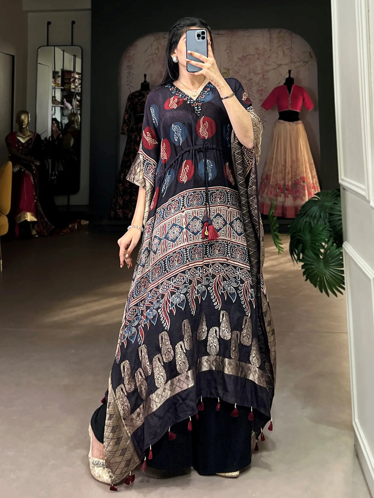 Beautiful Black Zari Weaving Jacquard Festive Wear Kaftan