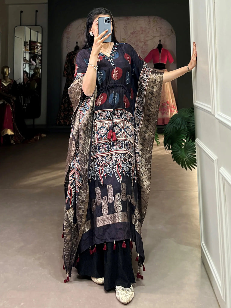 Beautiful Black Zari Weaving Jacquard Festive Wear Kaftan