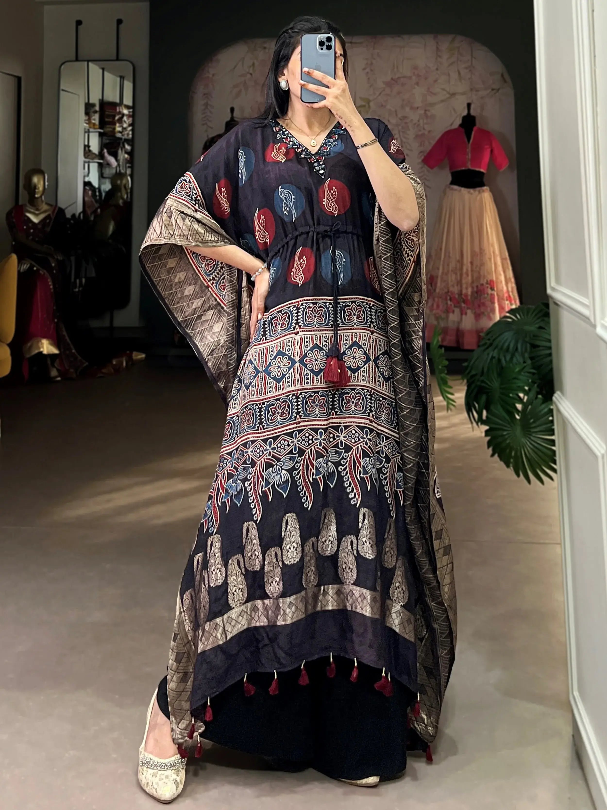 Beautiful Black Zari Weaving Jacquard Festive Wear Kaftan