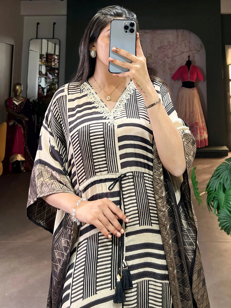 Charming Cream Zari Weaving Jacquard Festive Wear Kaftan