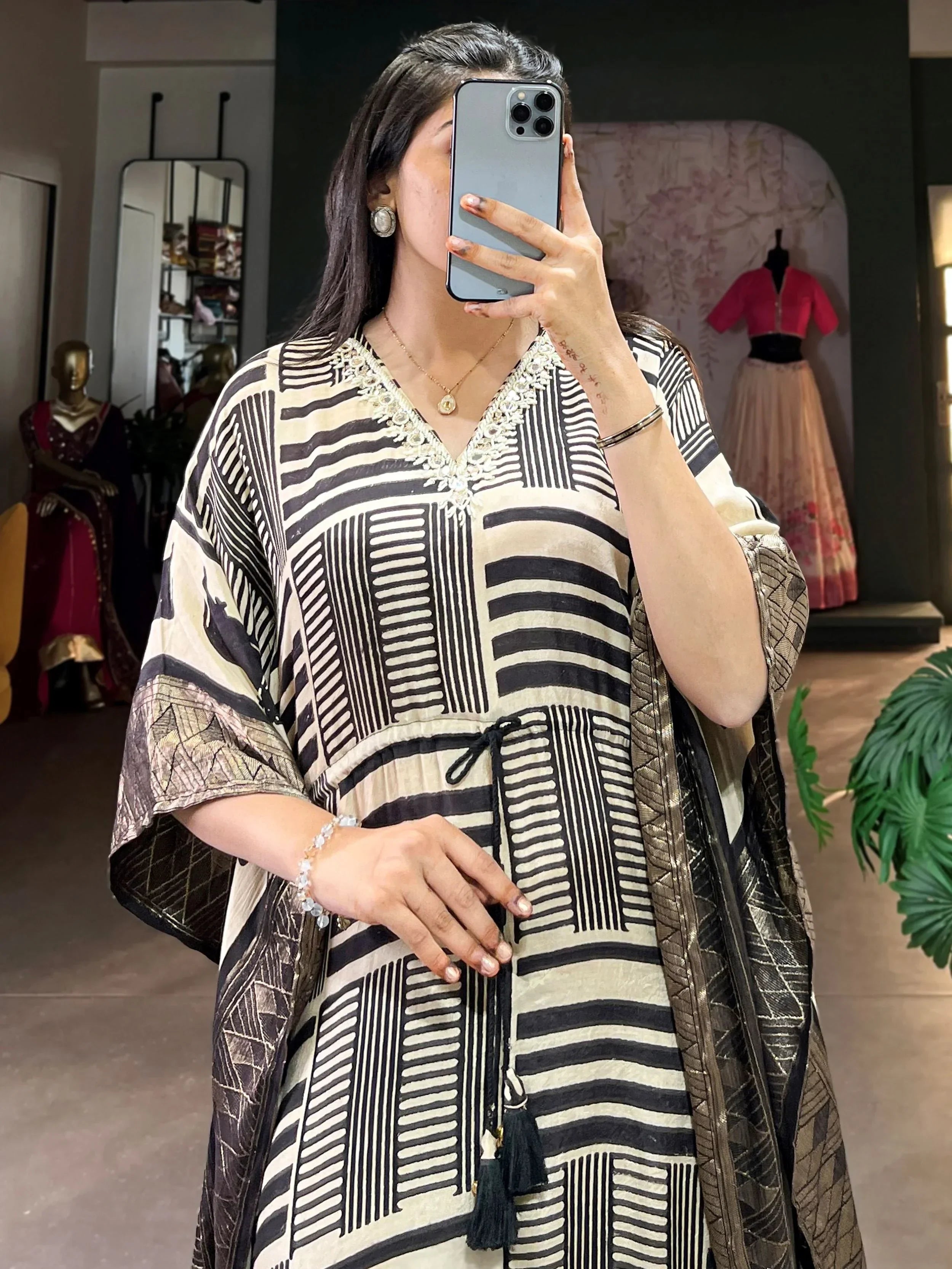 Charming Cream Zari Weaving Jacquard Festive Wear Kaftan