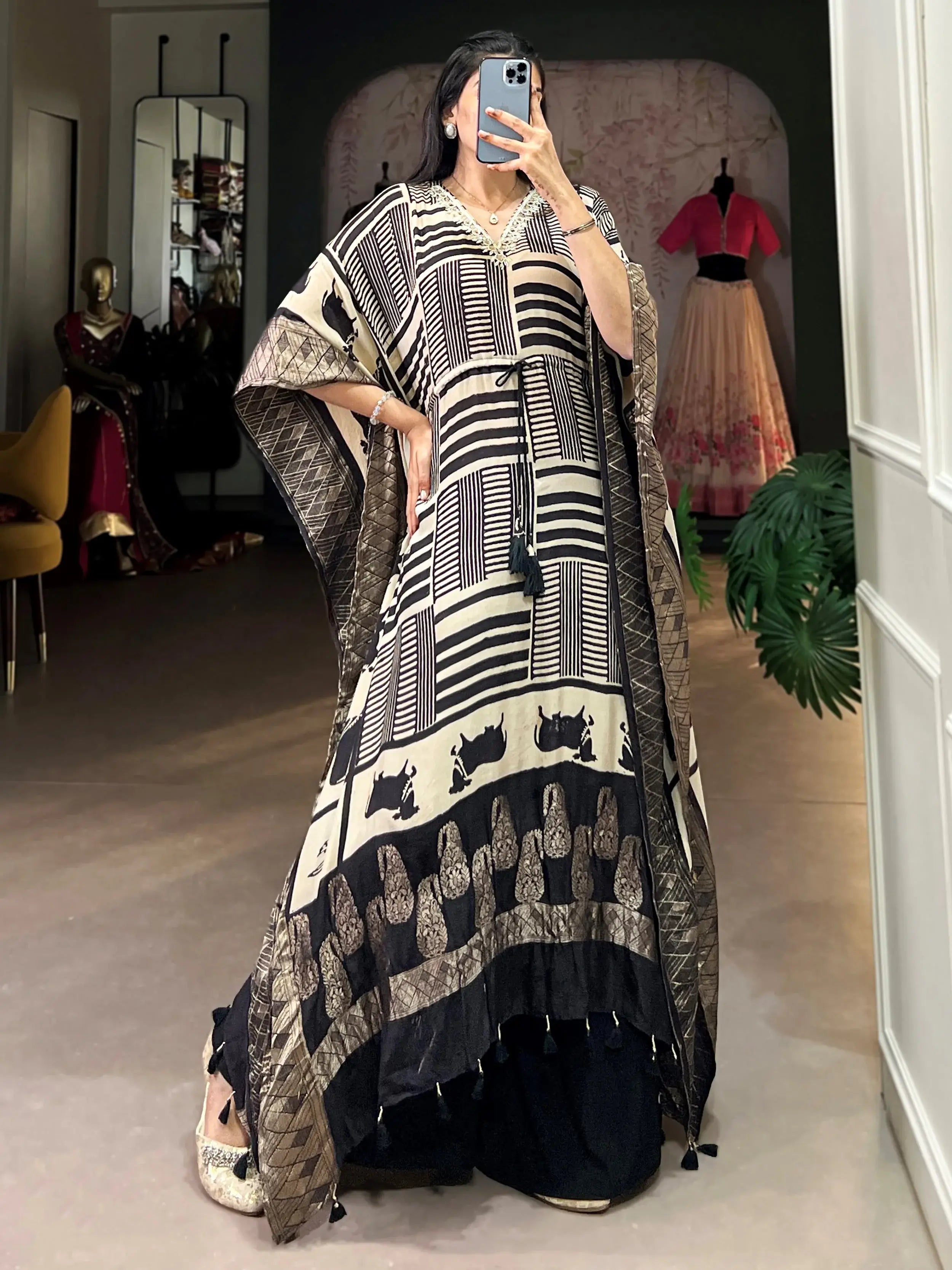 Charming Cream Zari Weaving Jacquard Festive Wear Kaftan