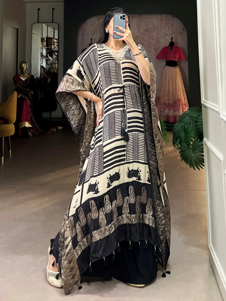 Charming Cream Zari Weaving Jacquard Festive Wear Kaftan