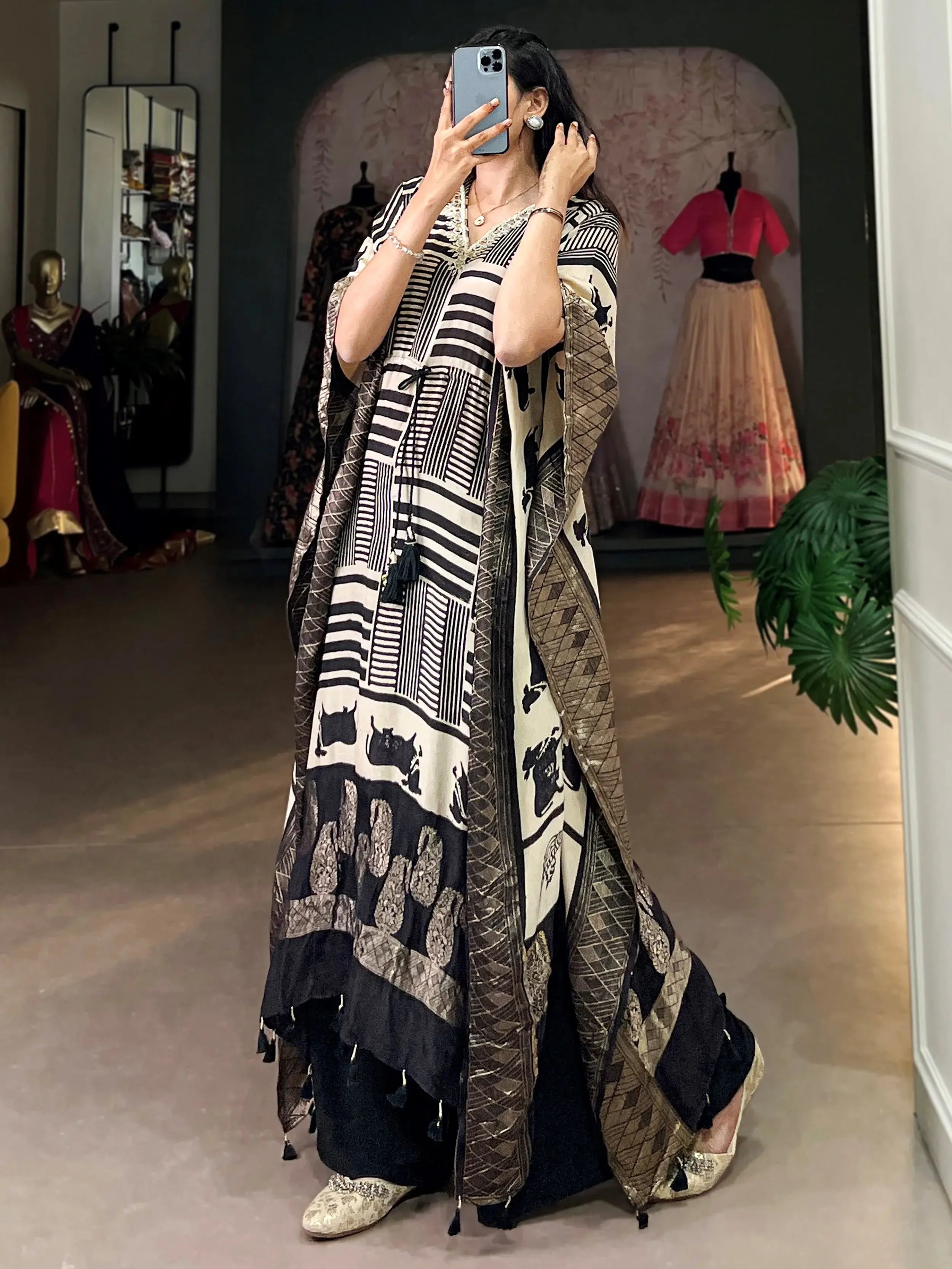 Charming Cream Zari Weaving Jacquard Festive Wear Kaftan