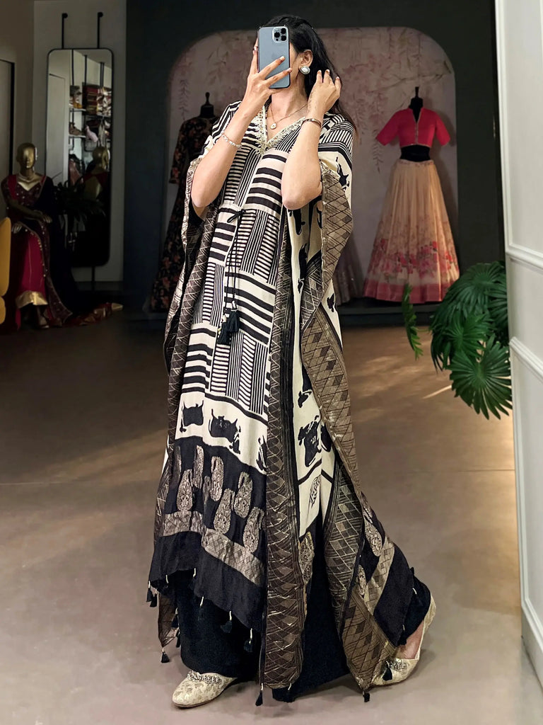 Charming Cream Zari Weaving Jacquard Festive Wear Kaftan