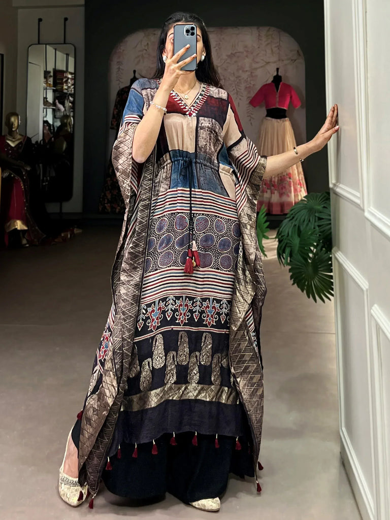 Ethnic printed kaftan with tassels, paired with palazzo pants for Indian festive wear