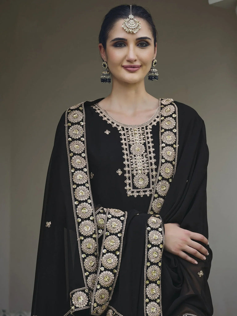 Desirable Black Color Embroidered Georgette Event Wear Palazzo Suit